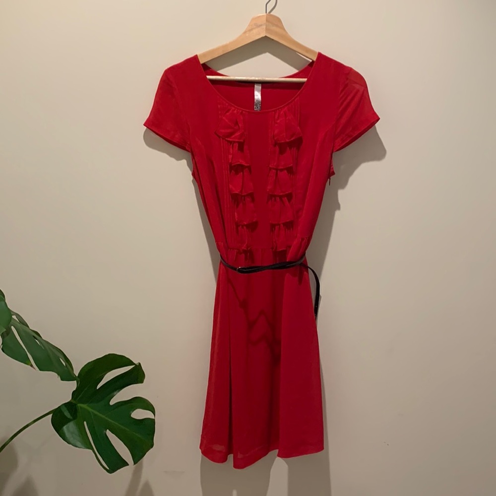 Cute Red Mid Dress with Front Ruffles